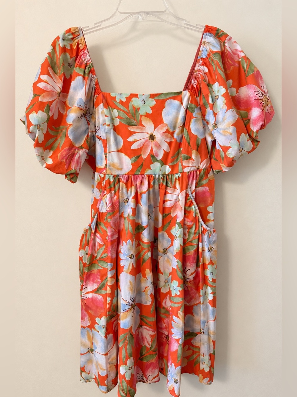 Easel Orange Floral Puff-Sleeve Dress With Pockets